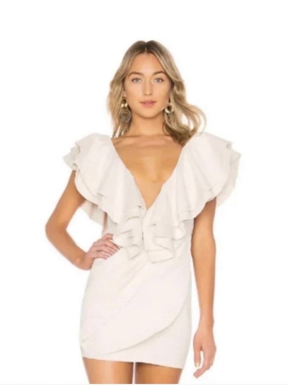 Michael Costello X Revolve White Jackson Dress Ruffle Deep-V Mini Size XXS